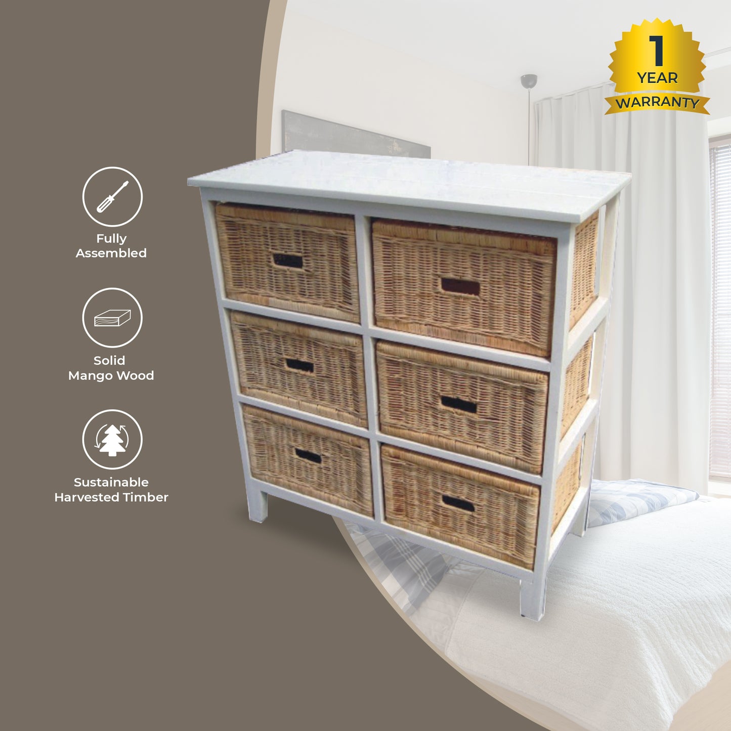 Hyssop Tallboy 6 Chest of Drawers Cane Bedroom Kitchen Bathroom Storage Shelf - Cosy Abode