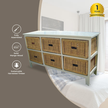 Hyssop Tallboy Wide 6 Chest of Drawers Cane Bedroom Kitchen Bathroom Storage - Cosy Abode