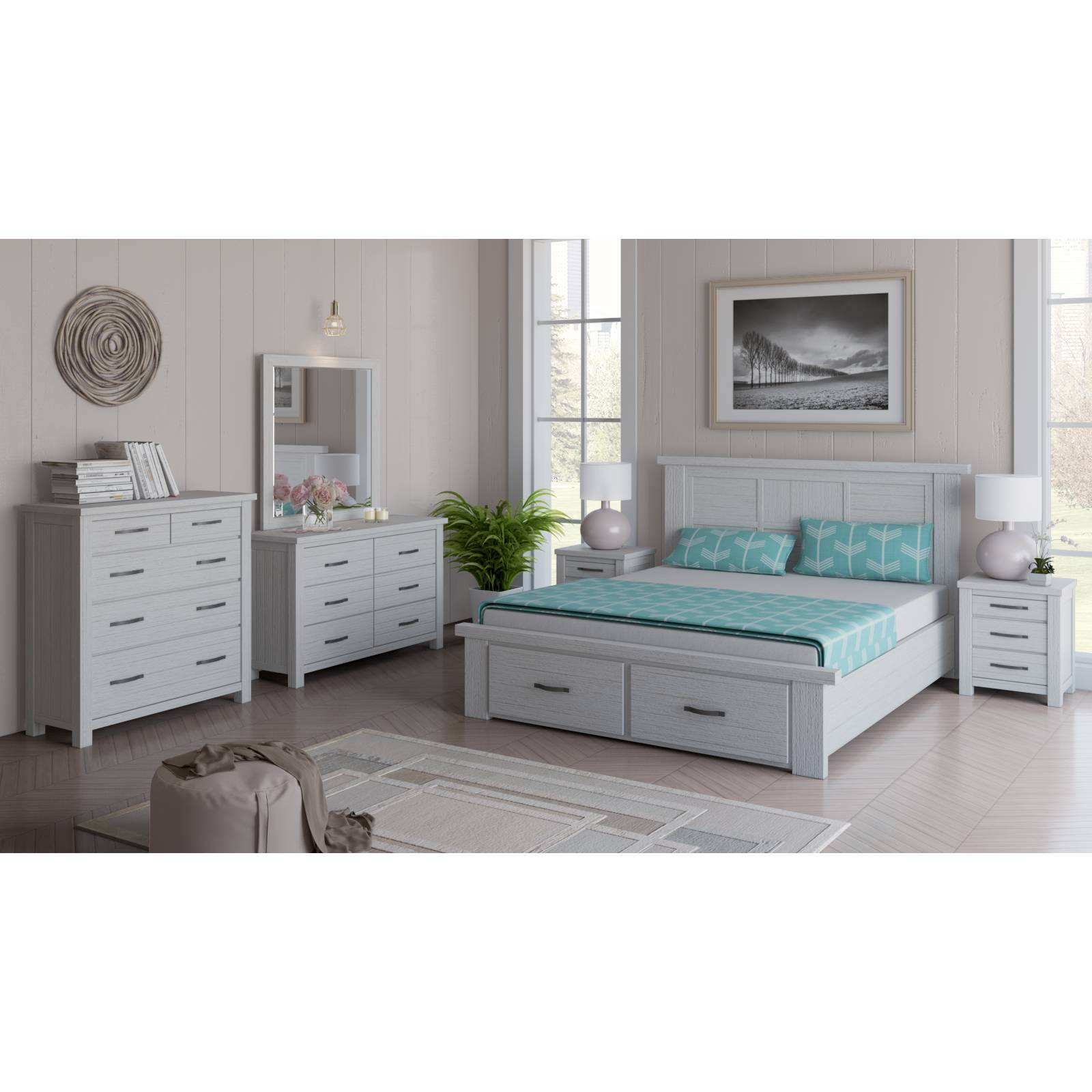Foxglove Bed Frame Queen Size Timber Mattress Base With Storage Drawers - White - Cosy Abode