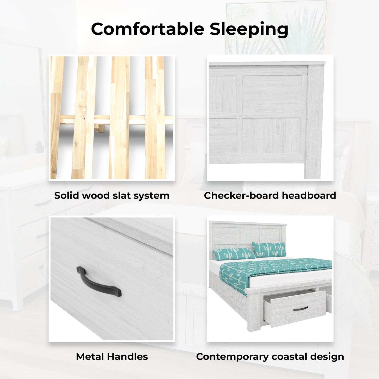 Foxglove Bed Frame Queen Size Timber Mattress Base With Storage Drawers - White - Cosy Abode