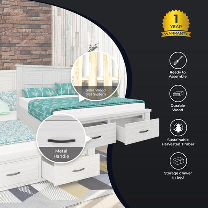 Foxglove Bed Frame Double Size Wood Mattress Base With Storage Drawers - White - Cosy Abode