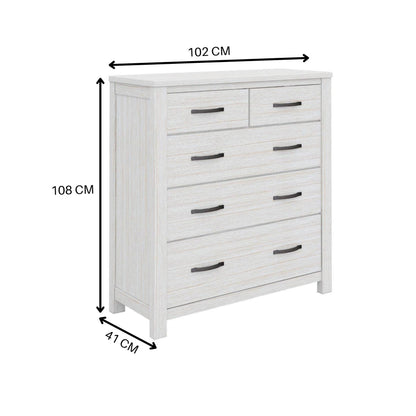 Foxglove Tallboy 5 Chest of Drawers Solid Ash Wood Bed Storage Cabinet - White - Cosy Abode