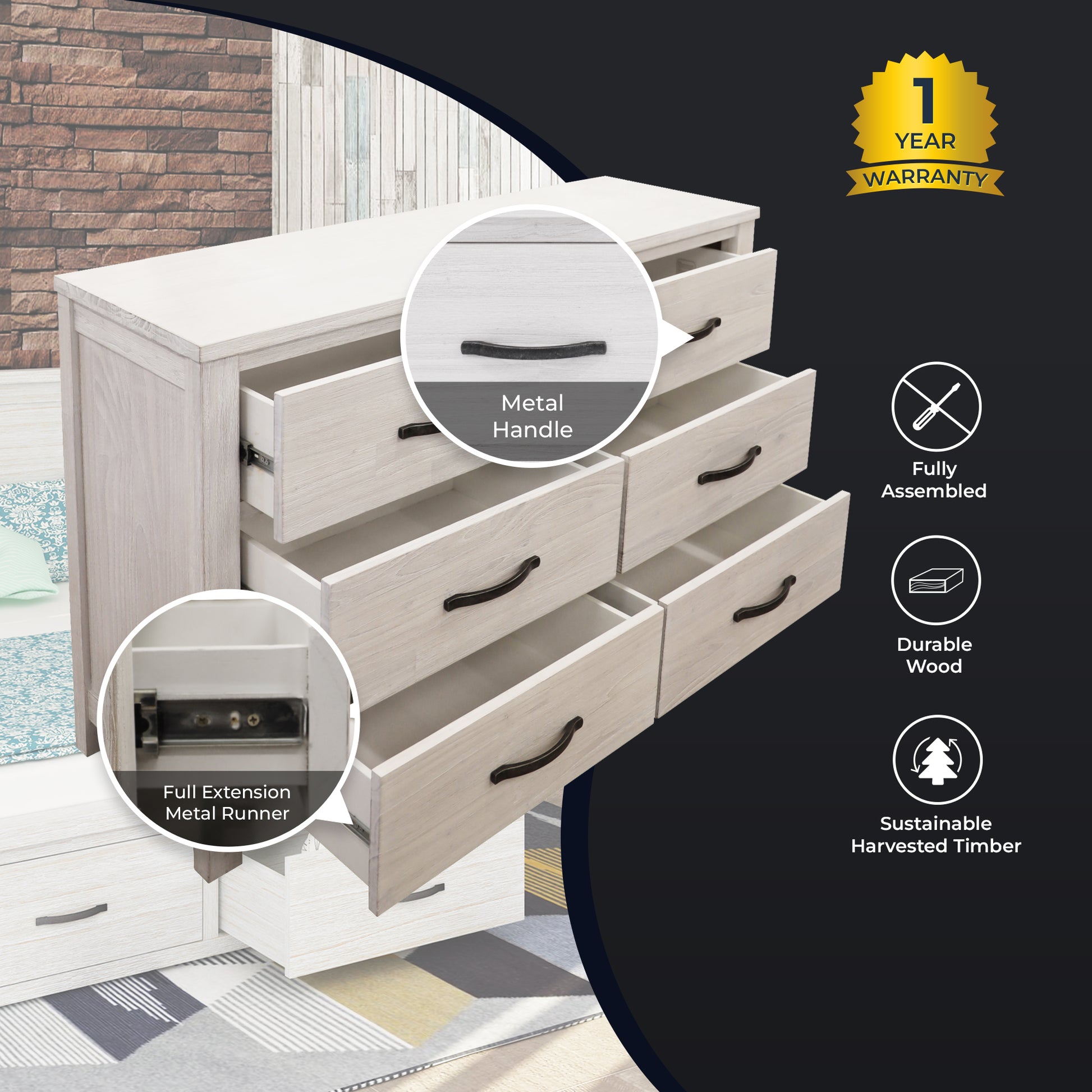Foxglove Dresser 6 Chest of Drawers Solid Wood Tallboy Storage Cabinet - White - Cosy Abode