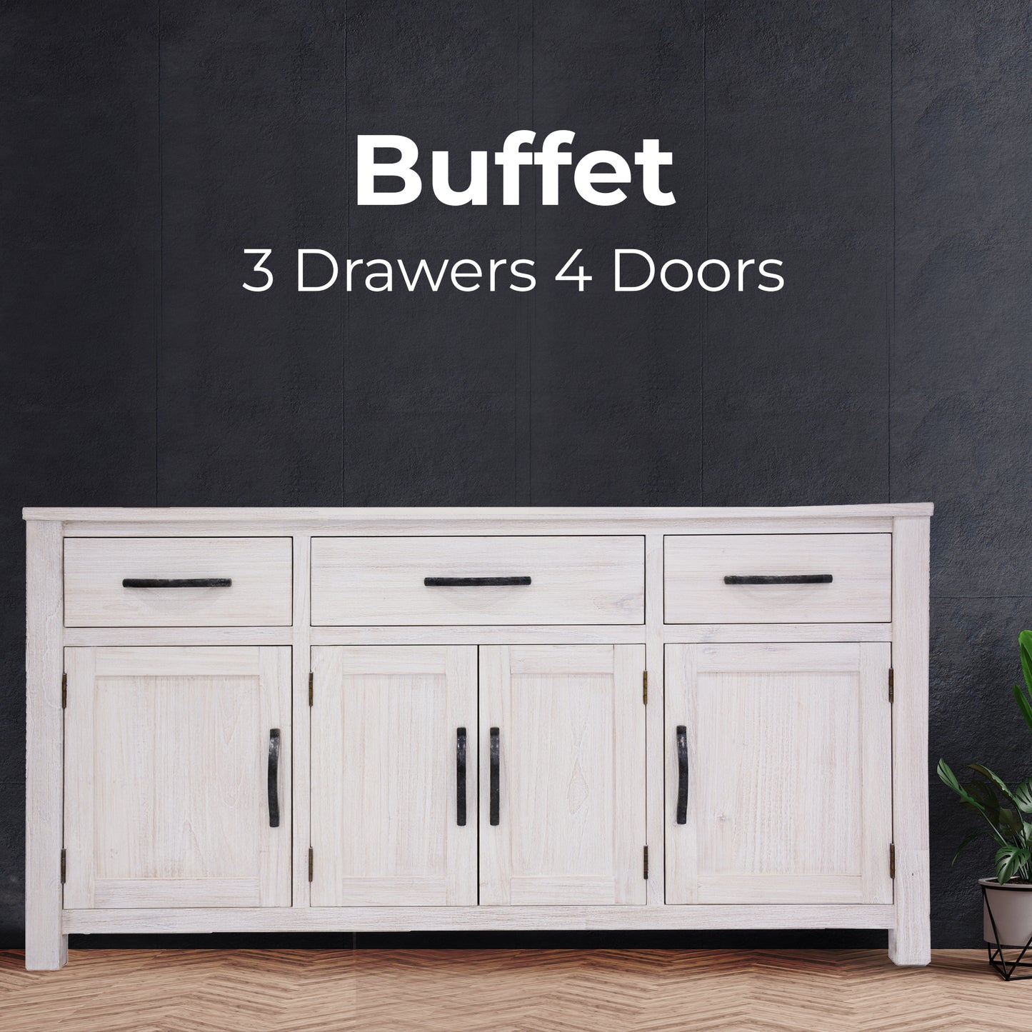 Foxglove Buffet Table 158cm 4 Door 3 Drawer Solid Mt Ash Timber Wood - White - Cosy Abode