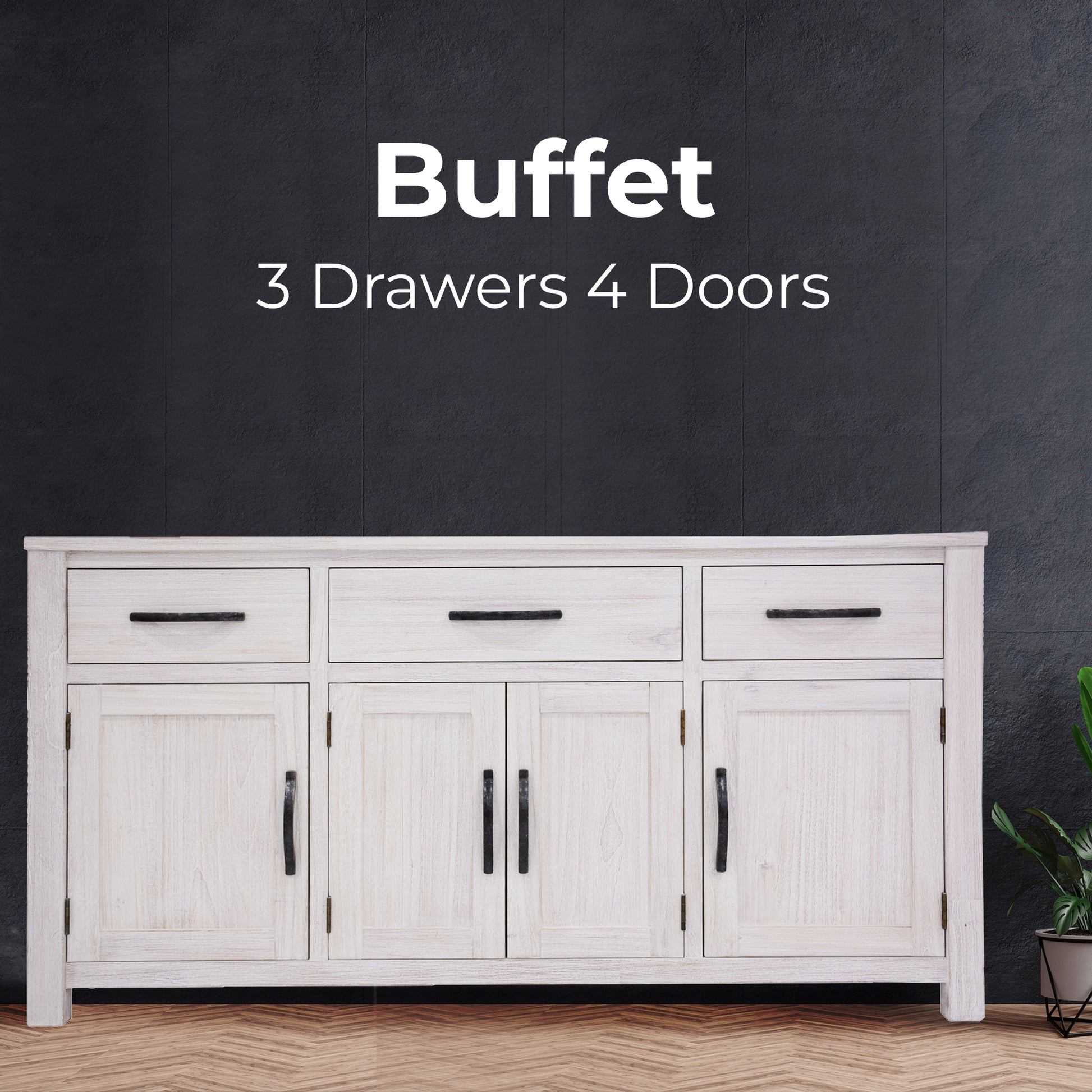 Foxglove Buffet Table 158cm 4 Door 3 Drawer Solid Mt Ash Timber Wood - White - Cosy Abode