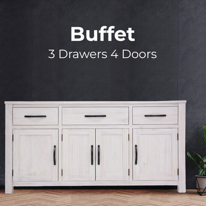 Foxglove Buffet Table 158cm 4 Door 3 Drawer Solid Mt Ash Timber Wood - White - Cosy Abode