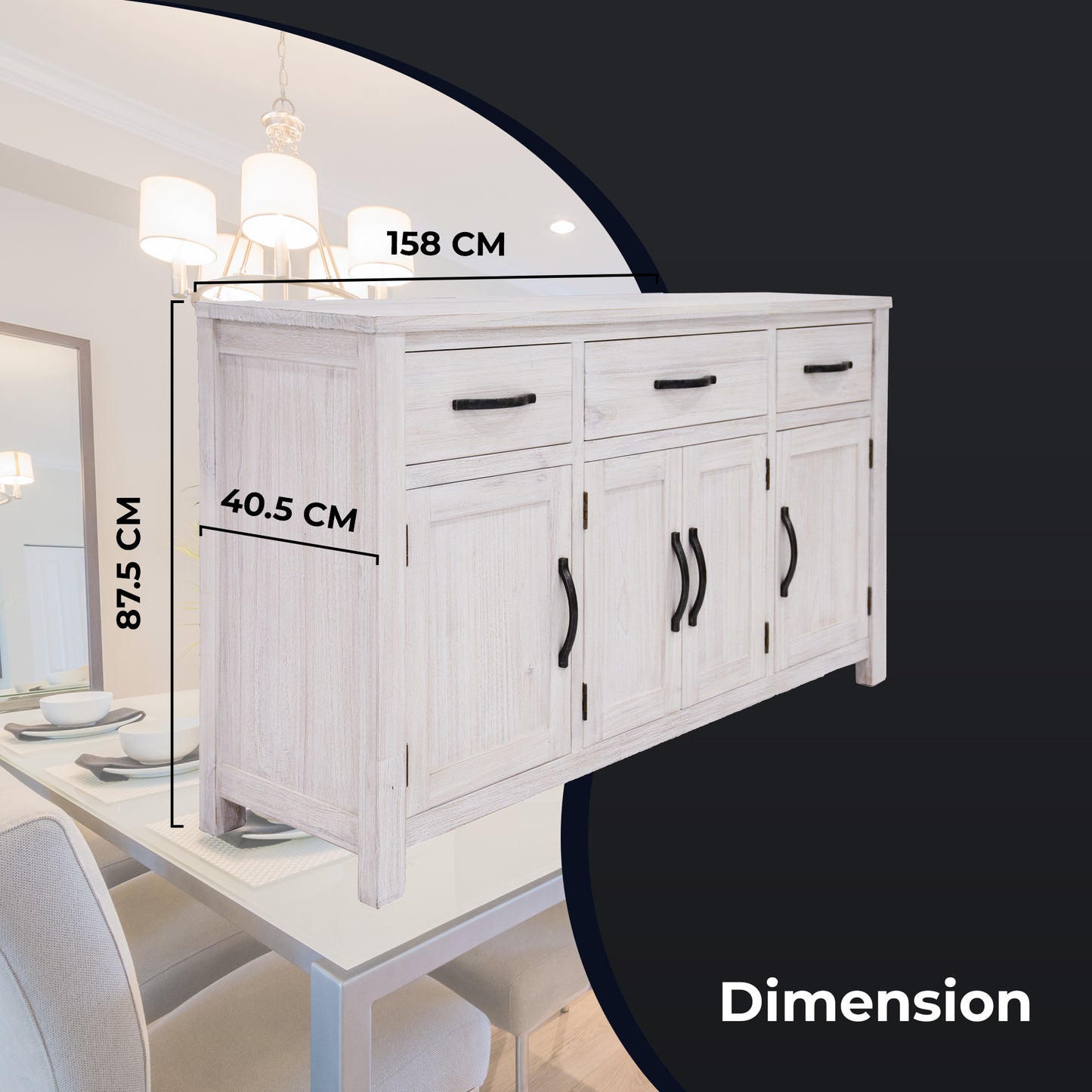 Foxglove Buffet Table 158cm 4 Door 3 Drawer Solid Mt Ash Timber Wood - White - Cosy Abode