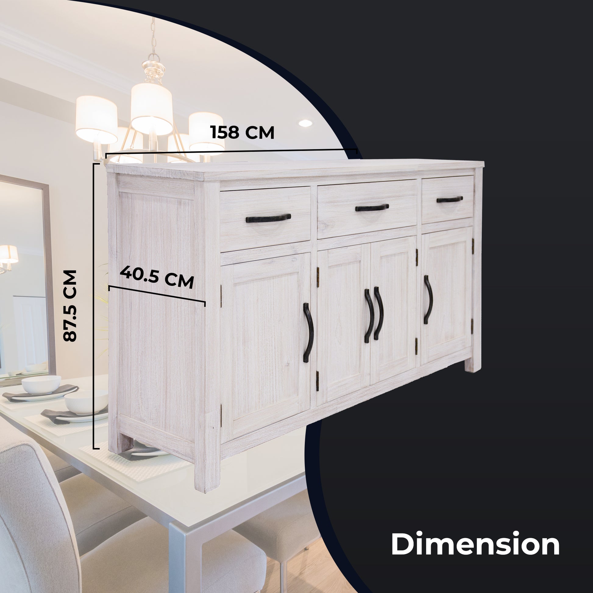 Foxglove Buffet Table 158cm 4 Door 3 Drawer Solid Mt Ash Timber Wood - White - Cosy Abode