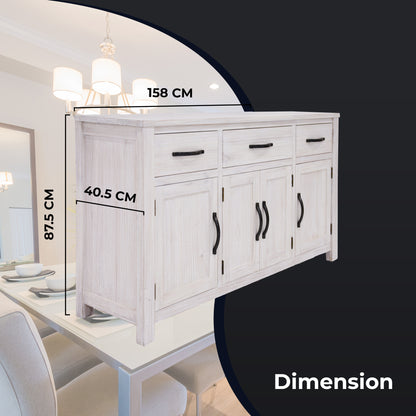 Foxglove Buffet Table 158cm 4 Door 3 Drawer Solid Mt Ash Timber Wood - White - Cosy Abode