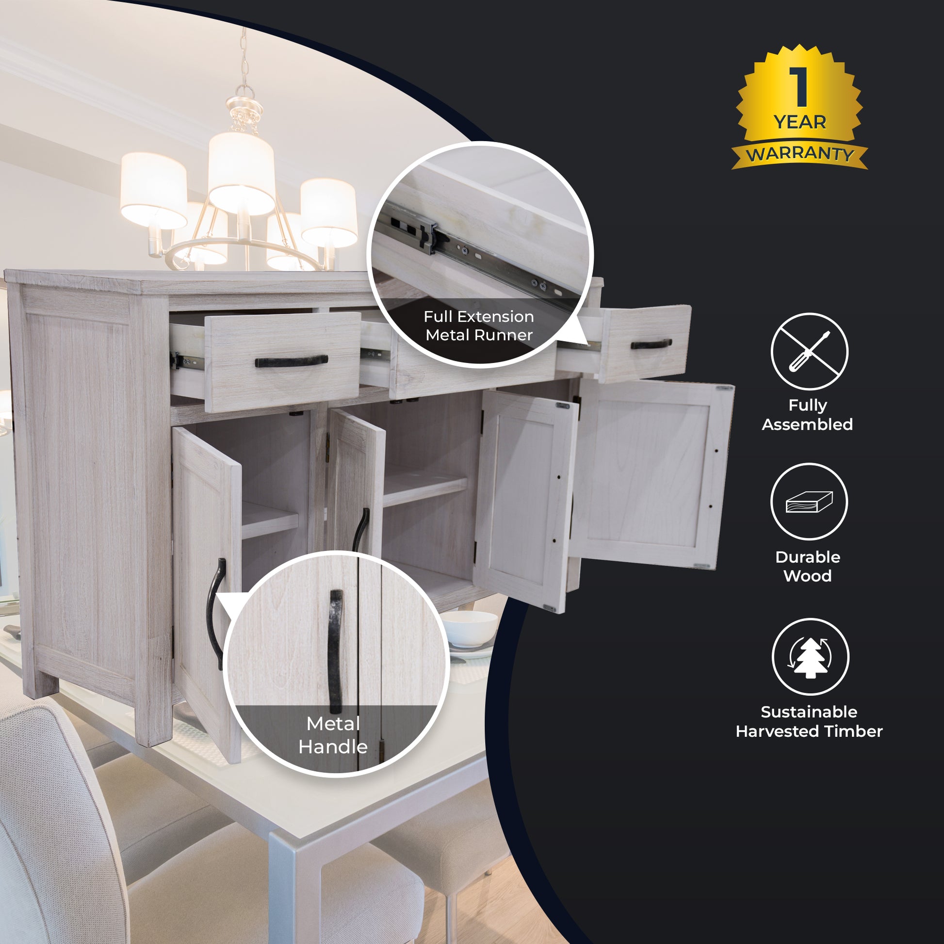 Foxglove Buffet Table 158cm 4 Door 3 Drawer Solid Mt Ash Timber Wood - White - Cosy Abode