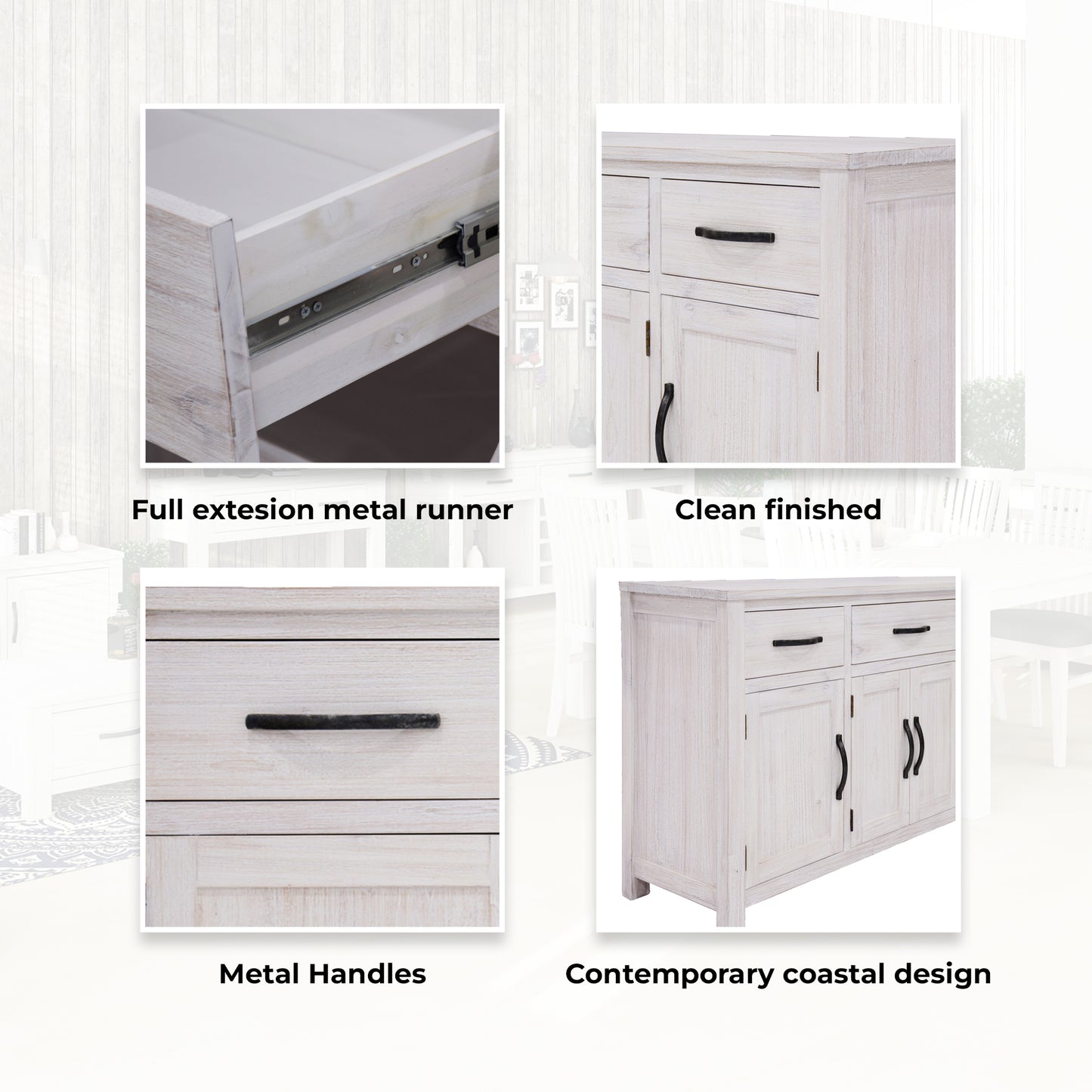 Foxglove Buffet Table 158cm 4 Door 3 Drawer Solid Mt Ash Timber Wood - White - Cosy Abode