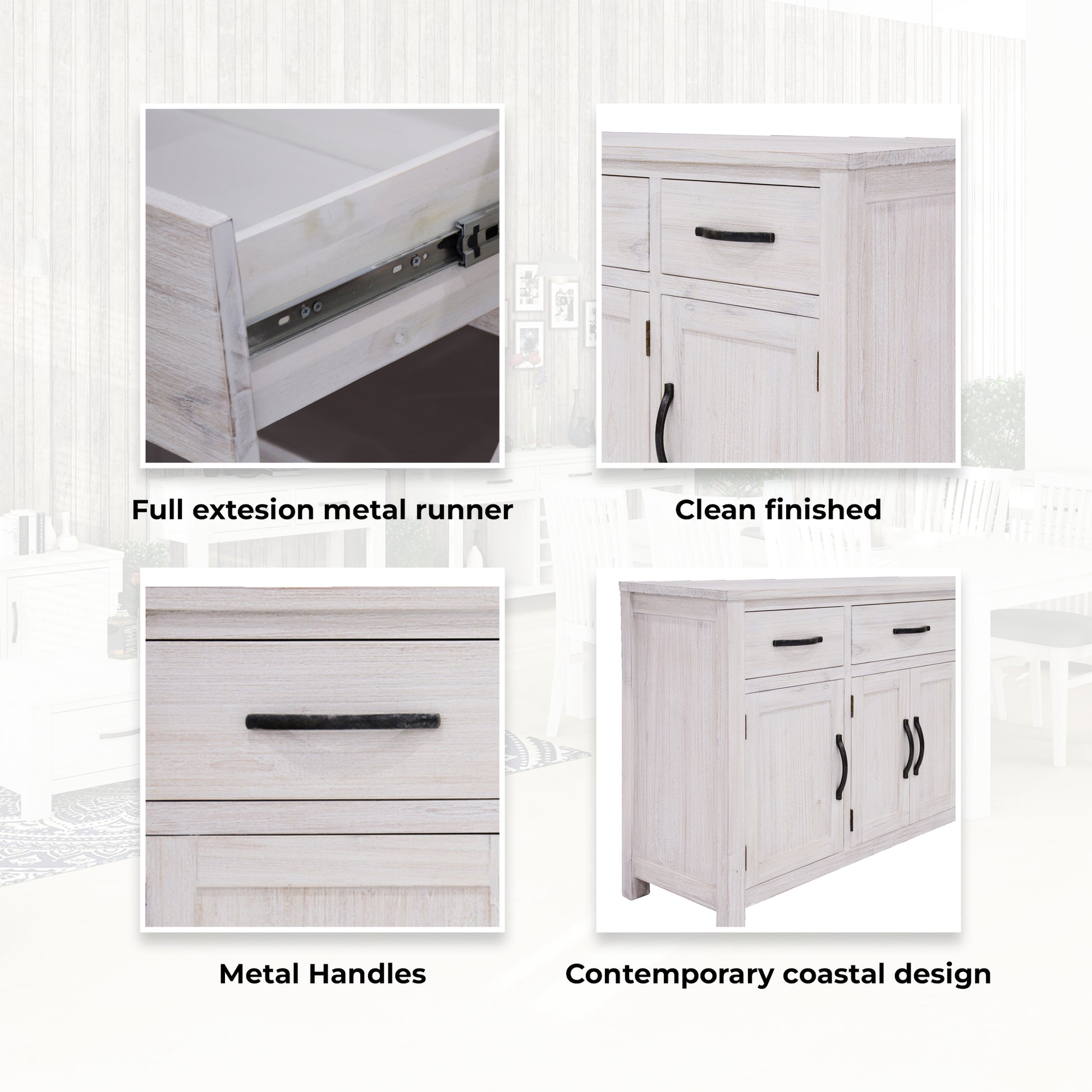 Foxglove Buffet Table 158cm 4 Door 3 Drawer Solid Mt Ash Timber Wood - White - Cosy Abode
