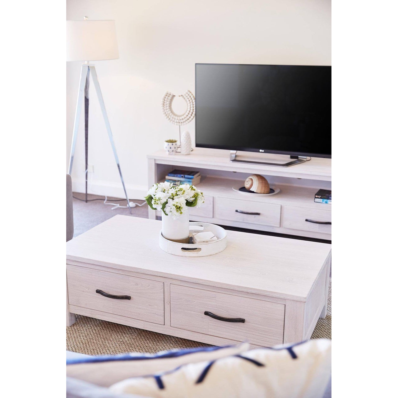 Foxglove ETU Entertainment TV Unit 166cm 3 Drawer Solid Mt Ash Wood - White - Cosy Abode