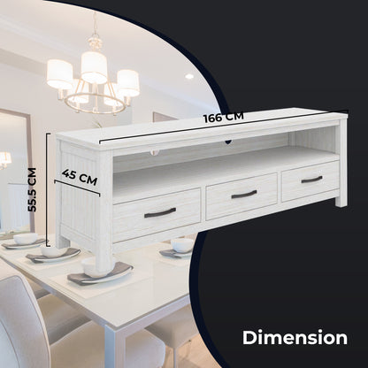 Foxglove ETU Entertainment TV Unit 166cm 3 Drawer Solid Mt Ash Wood - White - Cosy Abode