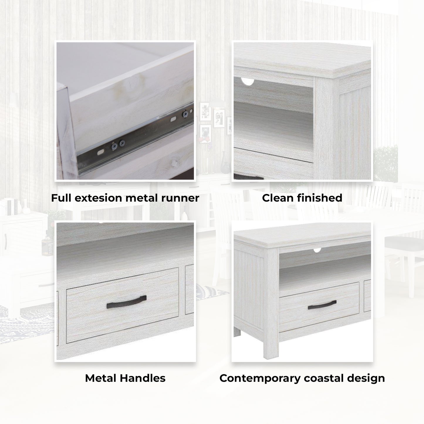 Foxglove ETU Entertainment TV Unit 166cm 3 Drawer Solid Mt Ash Wood - White - Cosy Abode