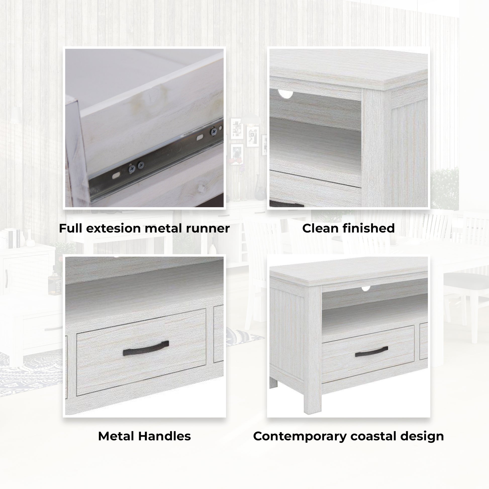 Foxglove ETU Entertainment TV Unit 166cm 3 Drawer Solid Mt Ash Wood - White - Cosy Abode