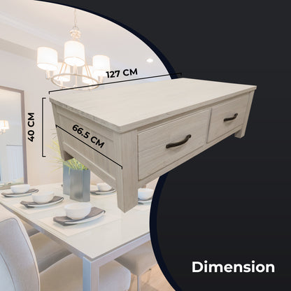 Foxglove Coffee Table 127cm 2 Drawer Solid Mt Ash Timber Wood - White - Cosy Abode