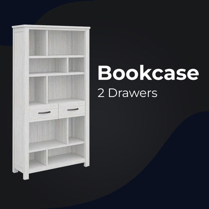 Foxglove Bookshelf Bookcase 5 Tier 2 Drawers Solid Mt Ash Timber Wood - White - Cosy Abode
