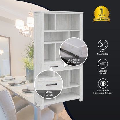 Foxglove Bookshelf Bookcase 5 Tier 2 Drawers Solid Mt Ash Timber Wood - White - Cosy Abode