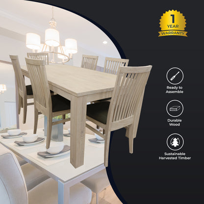 Foxglove 7pc Dining Set 190cm Table 6 PU Seat Chair Solid Mt Ash Wood - White - Cosy Abode