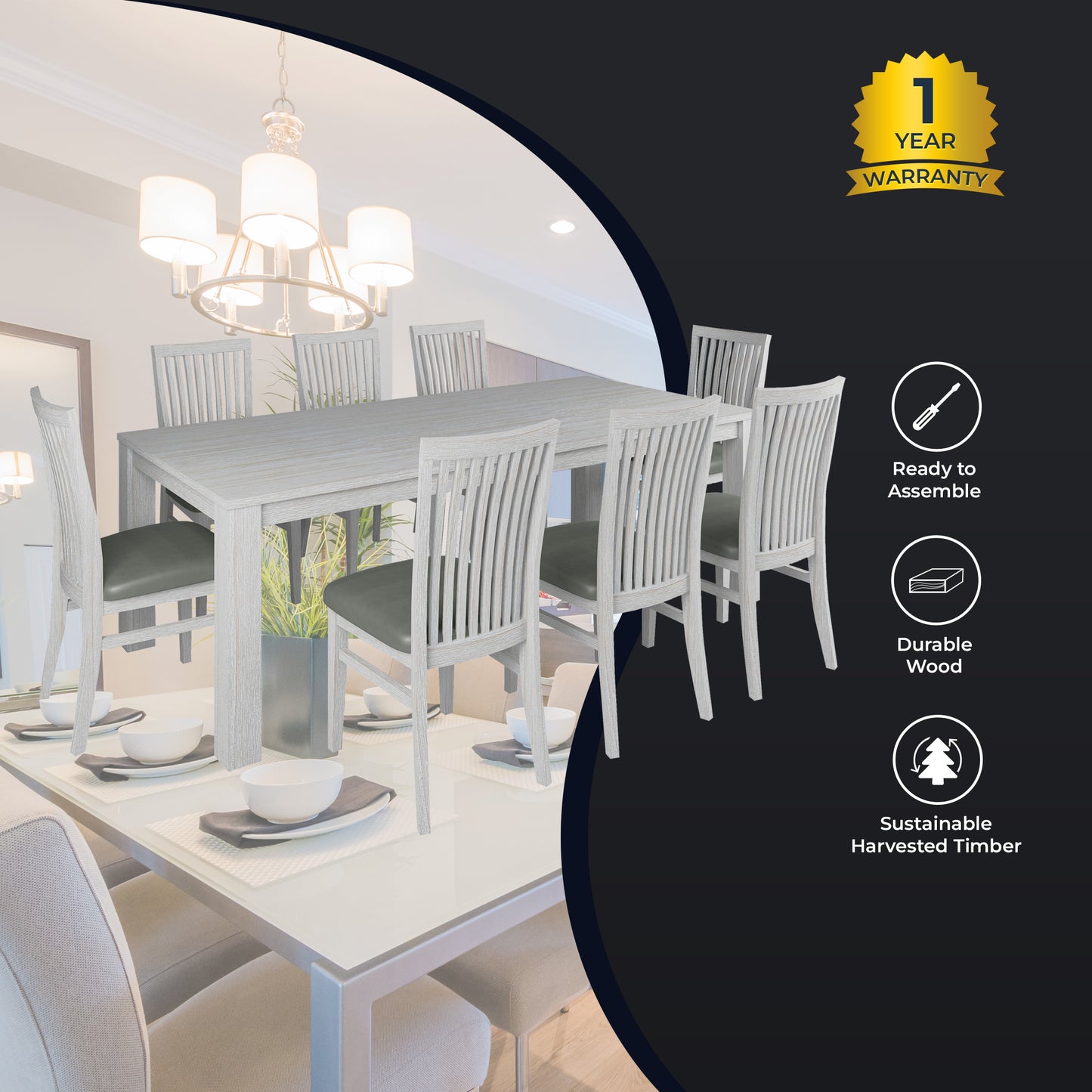 Foxglove 9pc Dining Set 225cm Table 8 PU Seat Chair Solid Mt Ash Wood - White - Cosy Abode