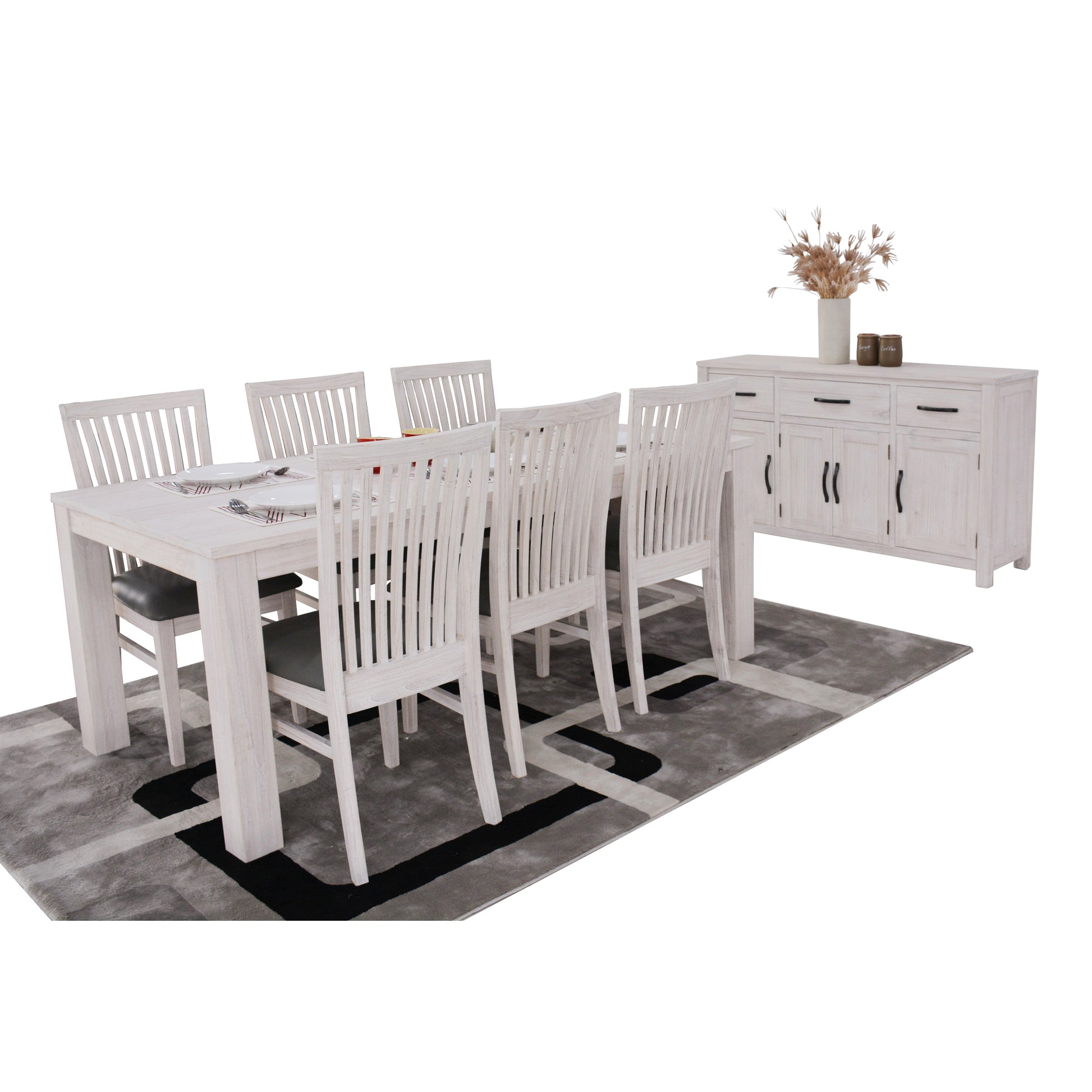 Foxglove 9pc Dining Set 225cm Table 8 PU Seat Chair Solid Mt Ash Wood - White - Cosy Abode