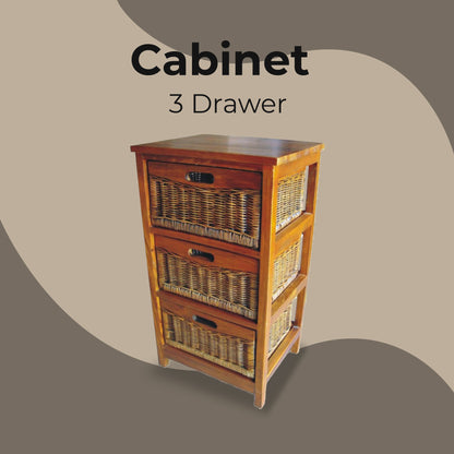 Hyssop 3 Chest of Drawers Cane Bedroom Kitchen Bathroom Storage Tallboy Shelf - Cosy Abode
