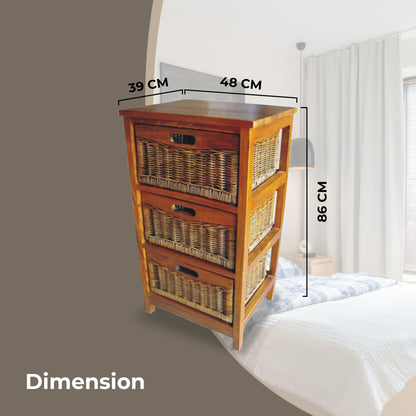 Hyssop 3 Chest of Drawers Cane Bedroom Kitchen Bathroom Storage Tallboy Shelf - Cosy Abode