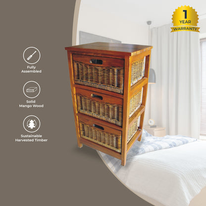Hyssop 3 Chest of Drawers Cane Bedroom Kitchen Bathroom Storage Tallboy Shelf - Cosy Abode