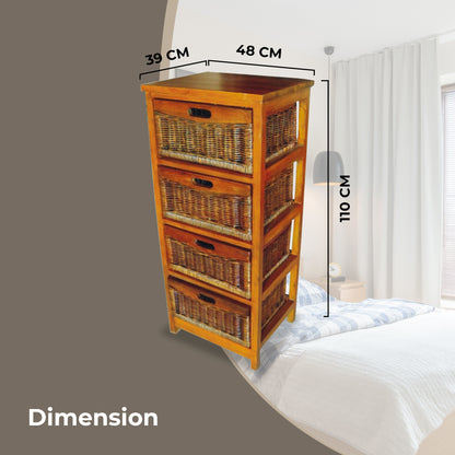 Hyssop Tallboy 4 Chest of Drawers Cane Bedroom Kitchen Bathroom Storage Shelf - Cosy Abode
