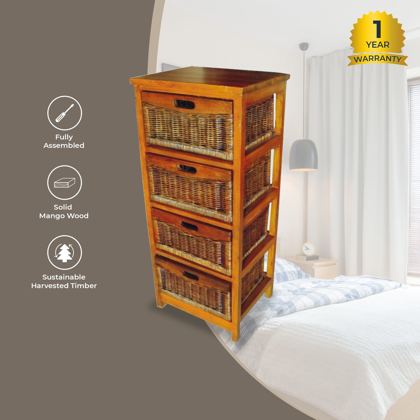 Hyssop Tallboy 4 Chest of Drawers Cane Bedroom Kitchen Bathroom Storage Shelf - Cosy Abode