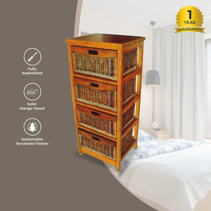 Hyssop Tallboy 4 Chest of Drawers Cane Bedroom Kitchen Bathroom Storage Shelf - Cosy Abode