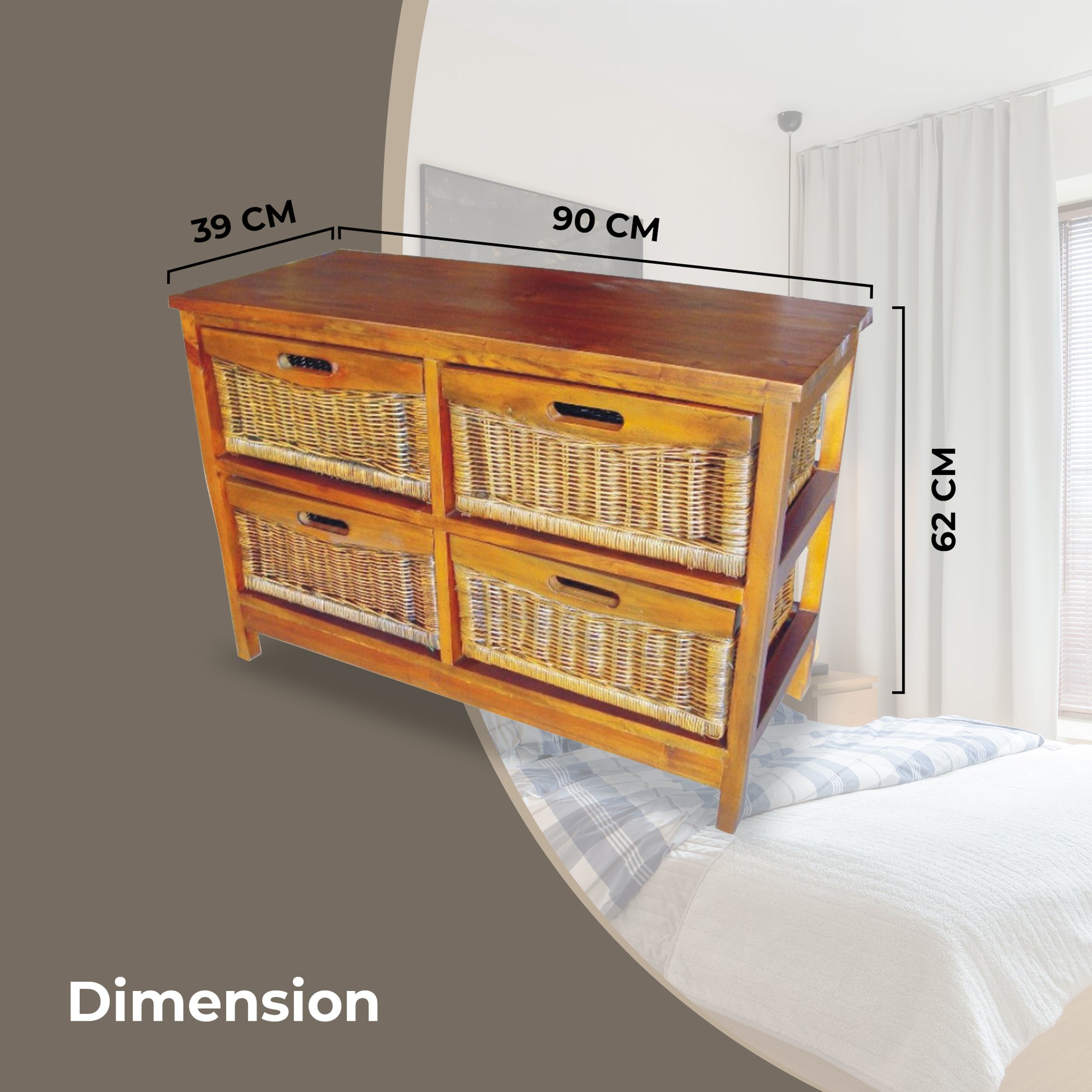Hyssop Tallboy Wide 4 Chest of Drawers Cane Bedroom Kitchen Bathroom Storage - Cosy Abode
