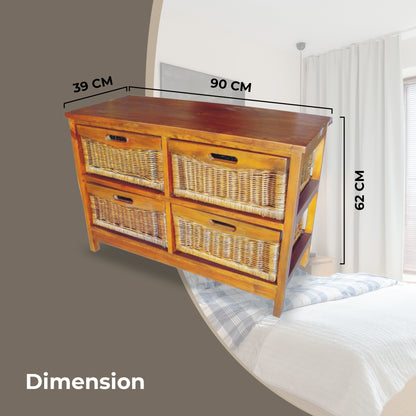 Hyssop Tallboy Wide 4 Chest of Drawers Cane Bedroom Kitchen Bathroom Storage - Cosy Abode