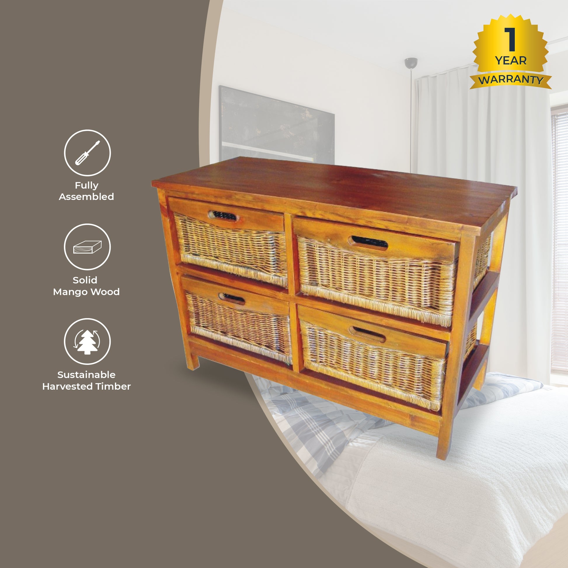 Hyssop Tallboy Wide 4 Chest of Drawers Cane Bedroom Kitchen Bathroom Storage - Cosy Abode