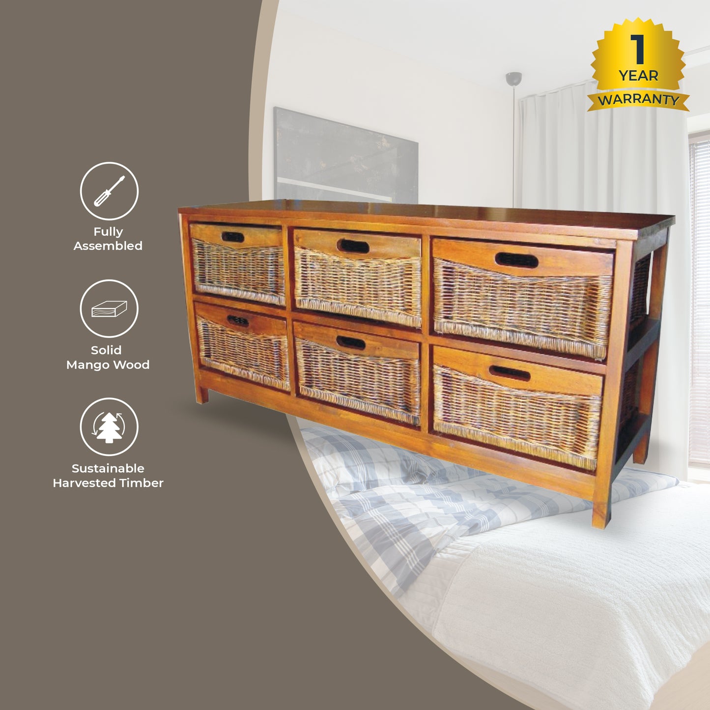 Hyssop Tallboy Wide 6 Chest of Drawers Cane Bedroom Kitchen Bathroom Storage - Cosy Abode