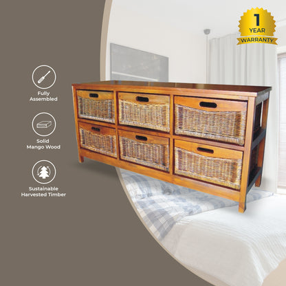 Hyssop Tallboy Wide 6 Chest of Drawers Cane Bedroom Kitchen Bathroom Storage - Cosy Abode