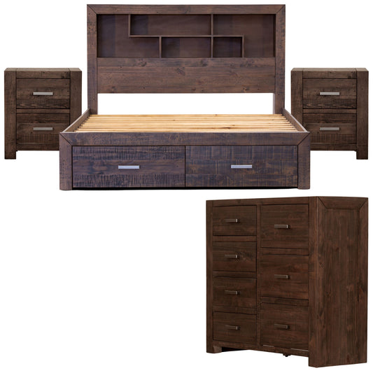 Catmint 4pc Queen Bed Suite Bedside Tallboy Bedroom Furniture Package Grey Stone - Cosy Abode