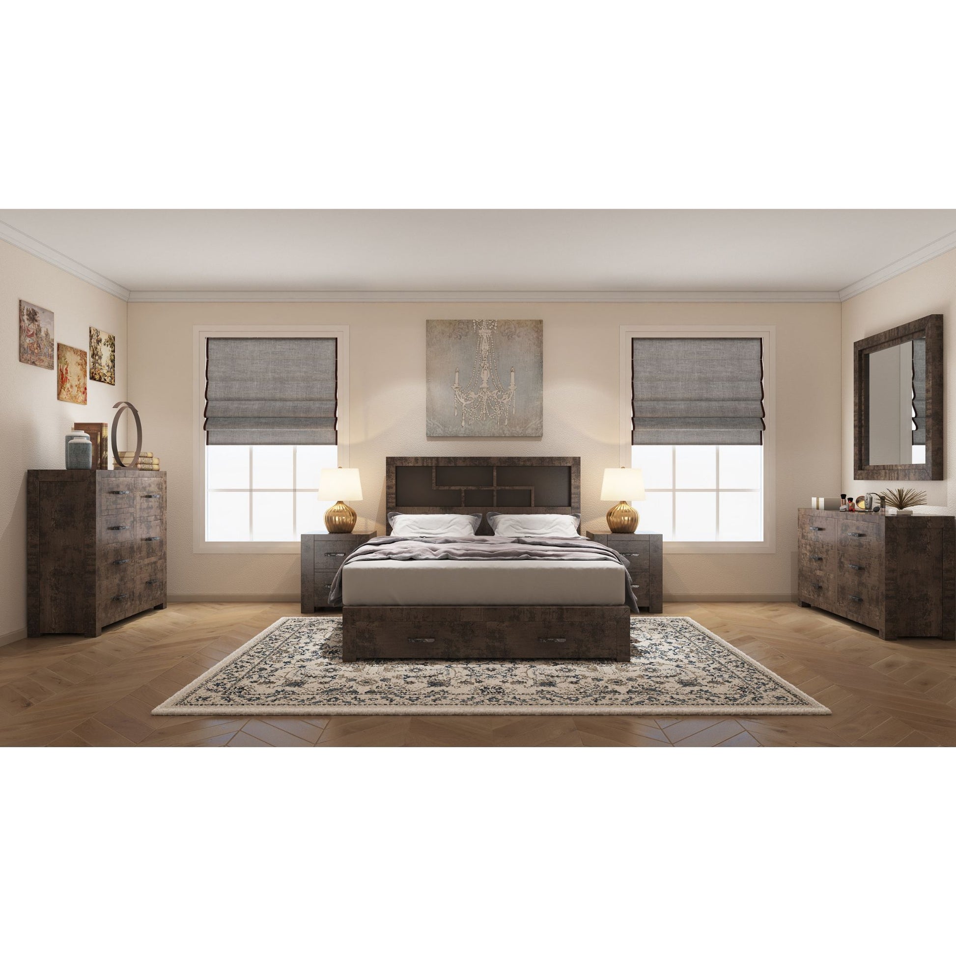 Catmint 4pc Queen Bed Suite Bedside Tallboy Bedroom Furniture Package Grey Stone - Cosy Abode
