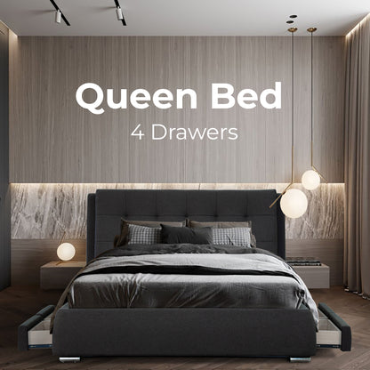 Kiama Queen Size Bed Frame Timber Mattress Base With Storage Drawers - Grey - Cosy Abode