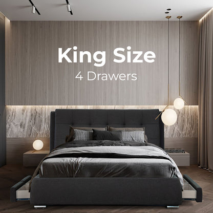 Kiama King Size Bed Frame Timber Mattress Base With Storage Drawers - Grey - Cosy Abode