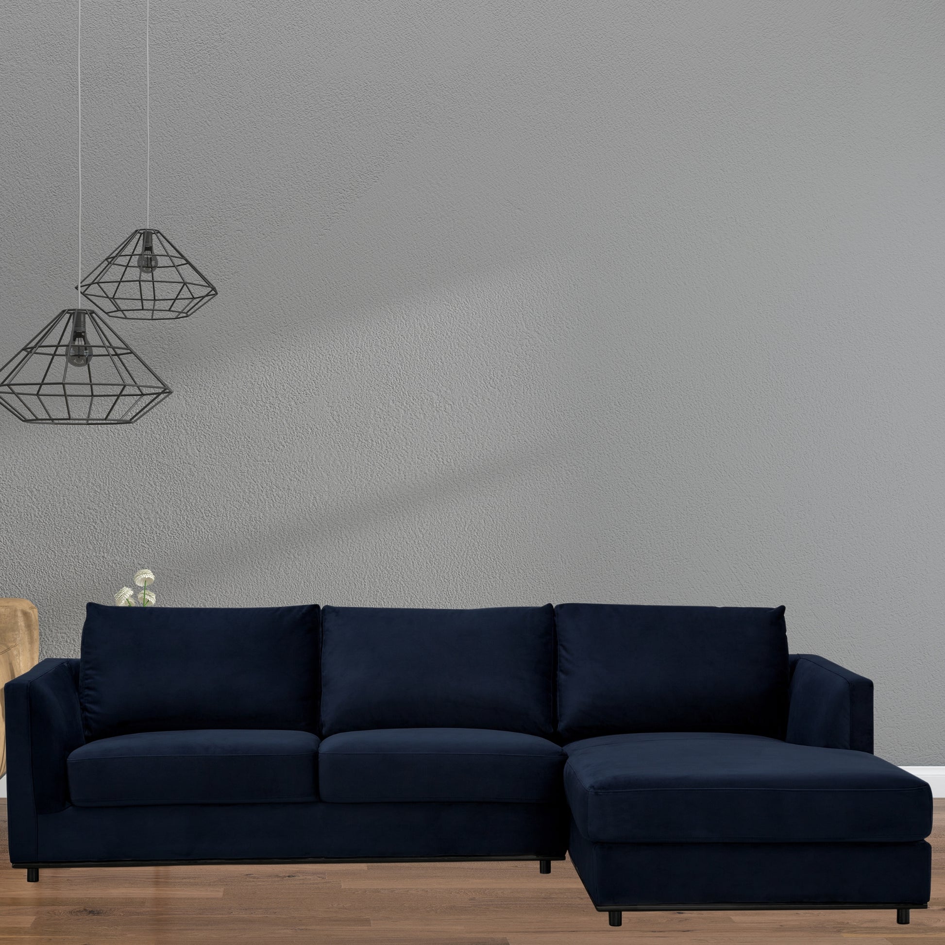 Kennedi 2 Seater Velvet Fabric Corner Sofa Lounge RHF Chaise - Navy - Cosy Abode