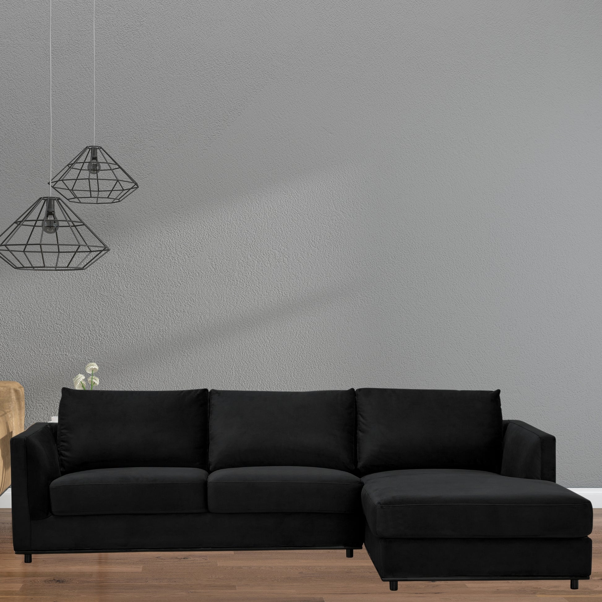 Kennedi 2 Seater Velvet Fabric Corner Sofa Lounge RHF Chaise - Black - Cosy Abode