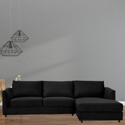 Kennedi 2 Seater Velvet Fabric Corner Sofa Lounge RHF Chaise - Black - Cosy Abode