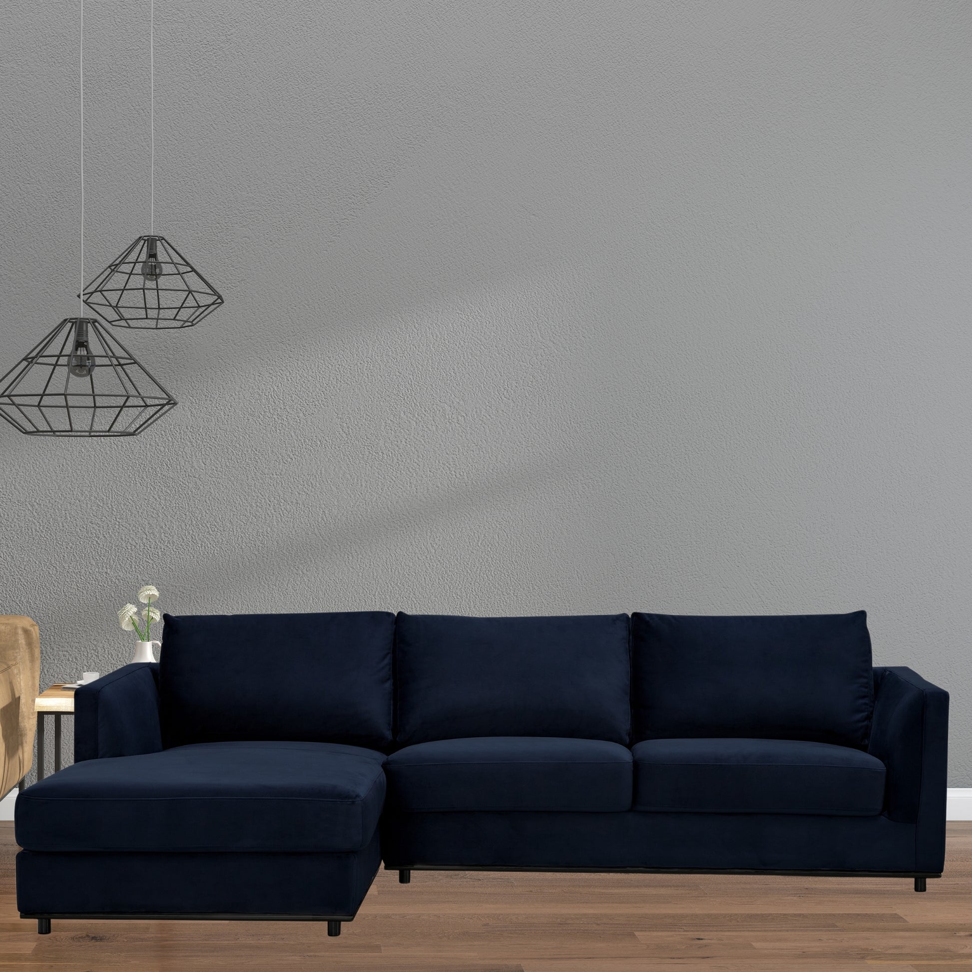 Kennedi 2 Seater Velvet Fabric Corner Sofa Lounge LHF Chaise - Navy - Cosy Abode