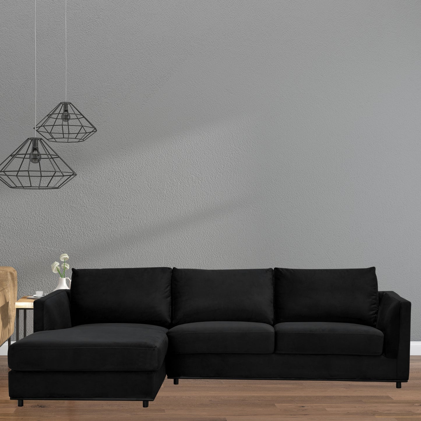 Kennedi 2 Seater Velvet Fabric Corner Sofa Lounge LHF Chaise - Black - Cosy Abode