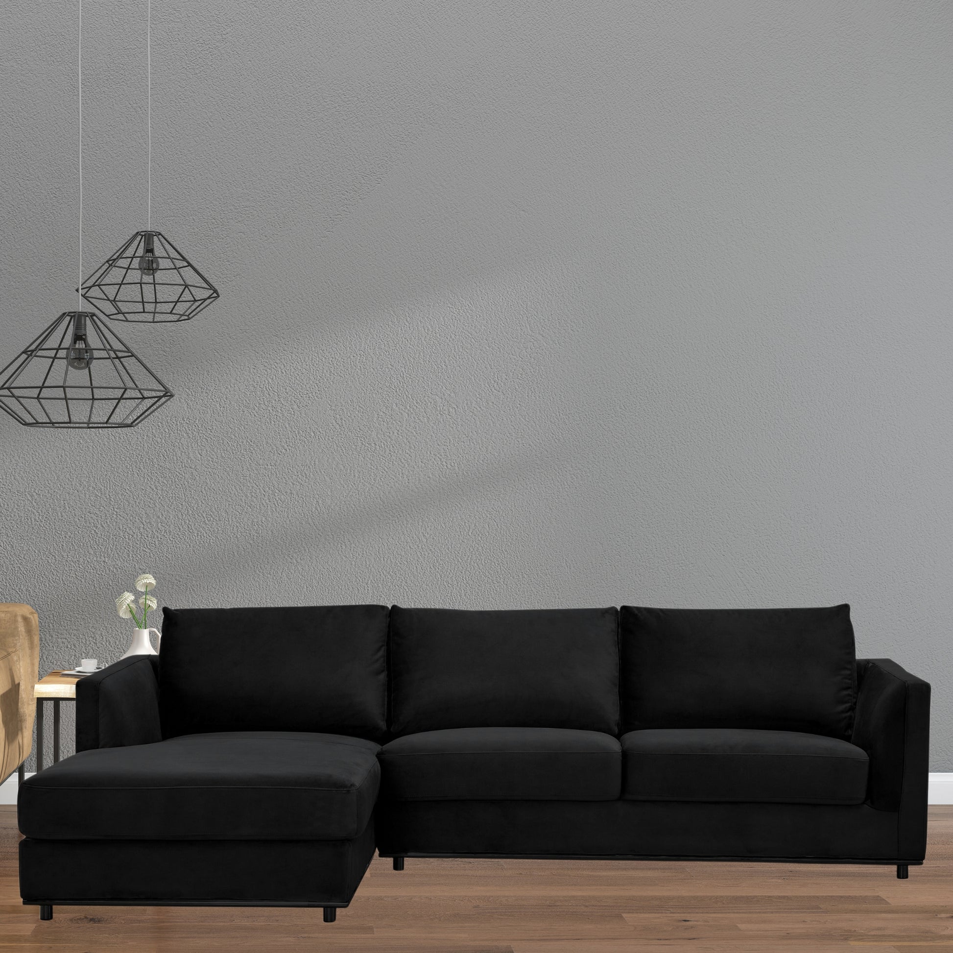 Kennedi 2 Seater Velvet Fabric Corner Sofa Lounge LHF Chaise - Black - Cosy Abode