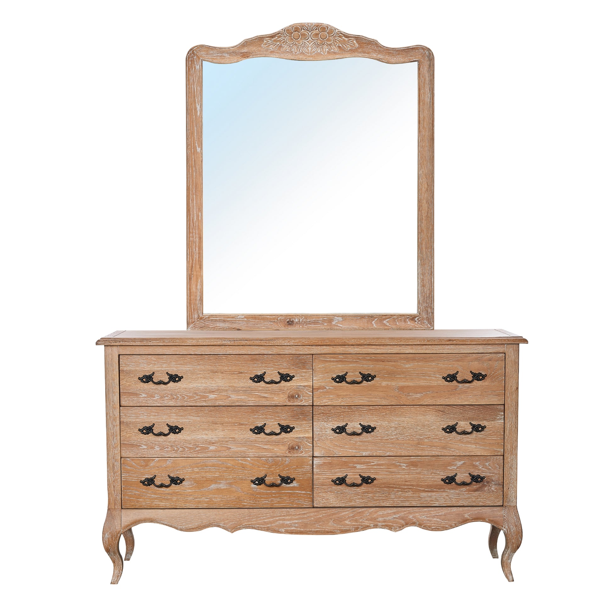 Bali Dresser Mirror 6 Chest of Drawers Tallboy Storage Cabinet Oak - Cosy Abode