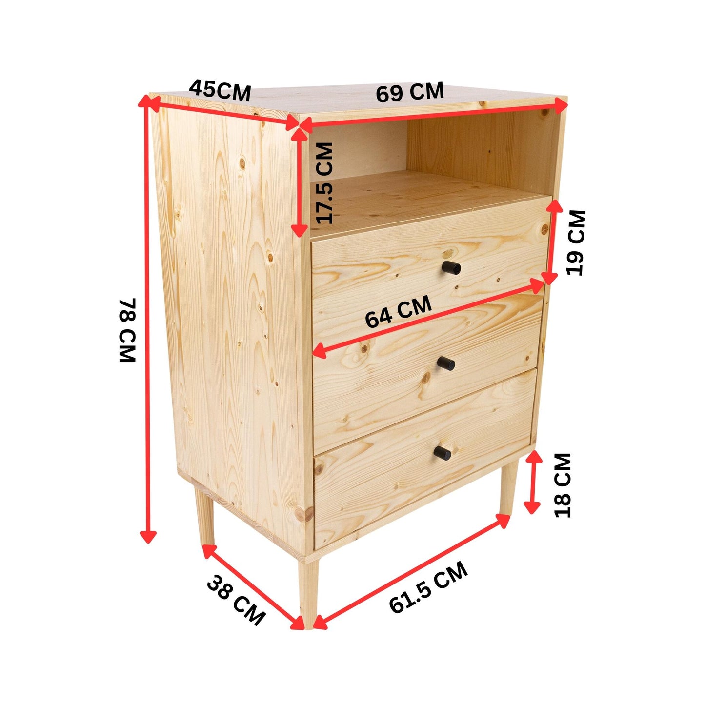 Jamie Tallboy 3 Chest of Drawers Solid Pine Wood Bed Storage Cabinet - Natural - Cosy Abode