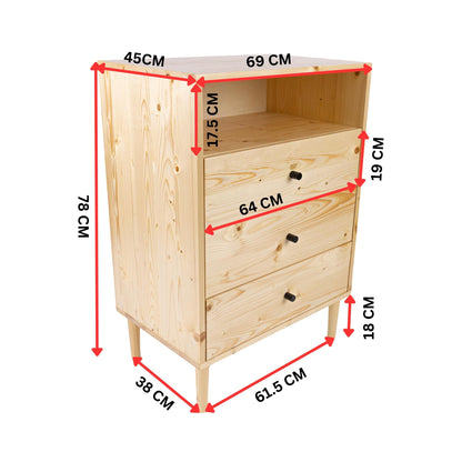 Jamie Tallboy 3 Chest of Drawers Solid Pine Wood Bed Storage Cabinet - Natural - Cosy Abode